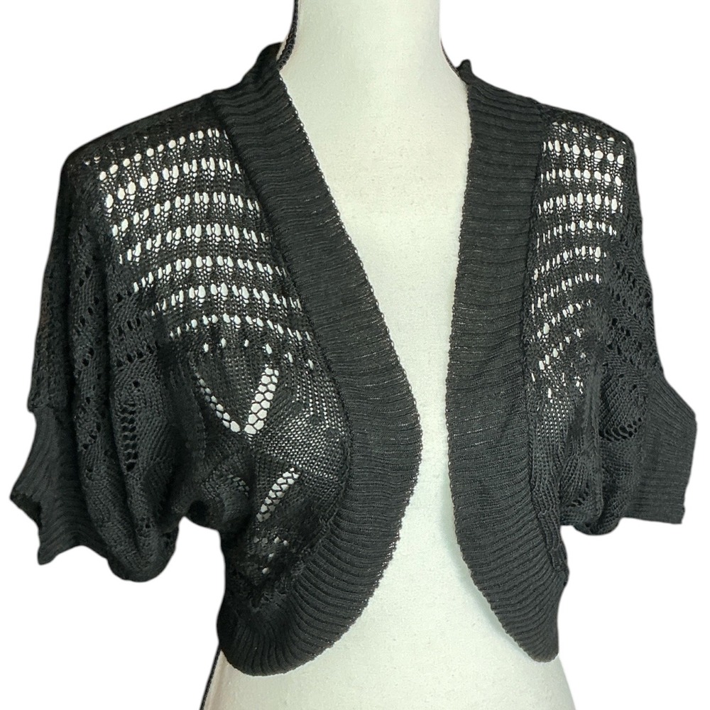 Say What Black Open Knit Shrug Women Large Cropped Bolero Dolman Sleeve 200454